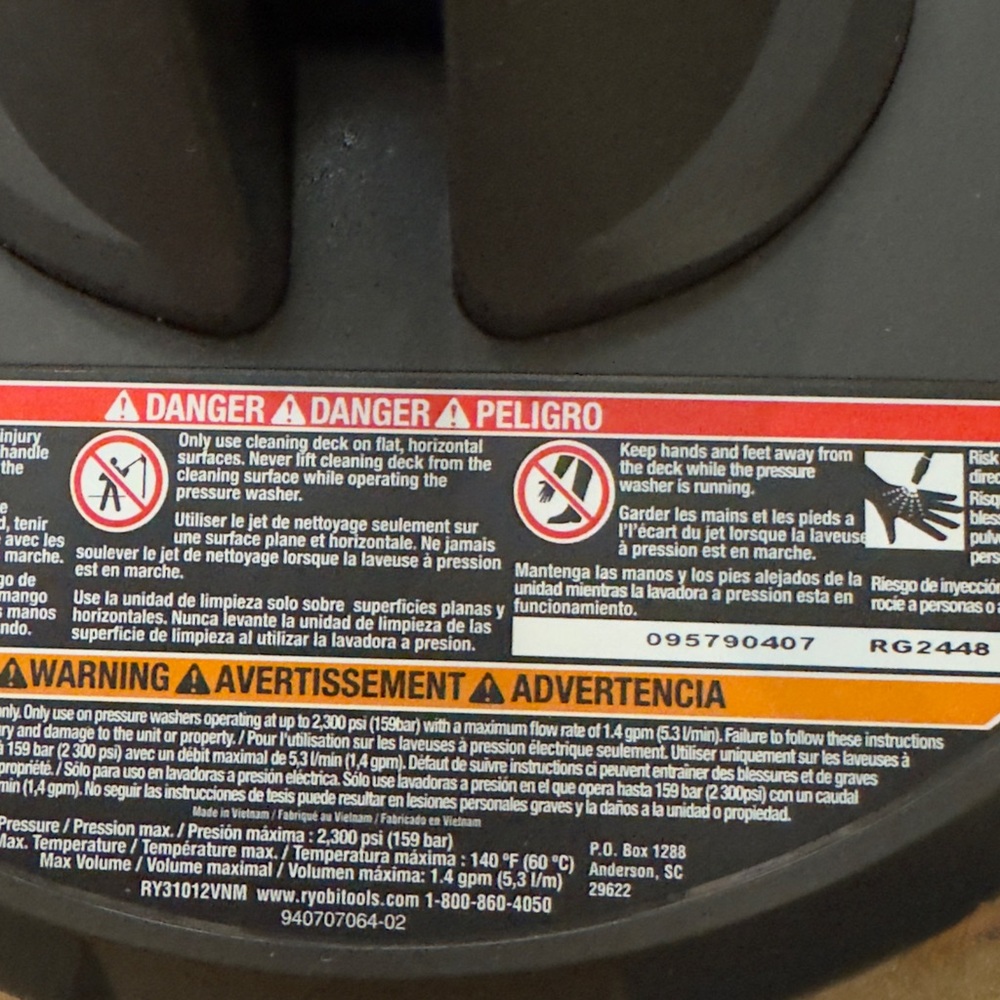 RYOBI 12‎ in. 2,300 PSI Electric Pressure Washers Surface Cleaner - Picture 5 of 9